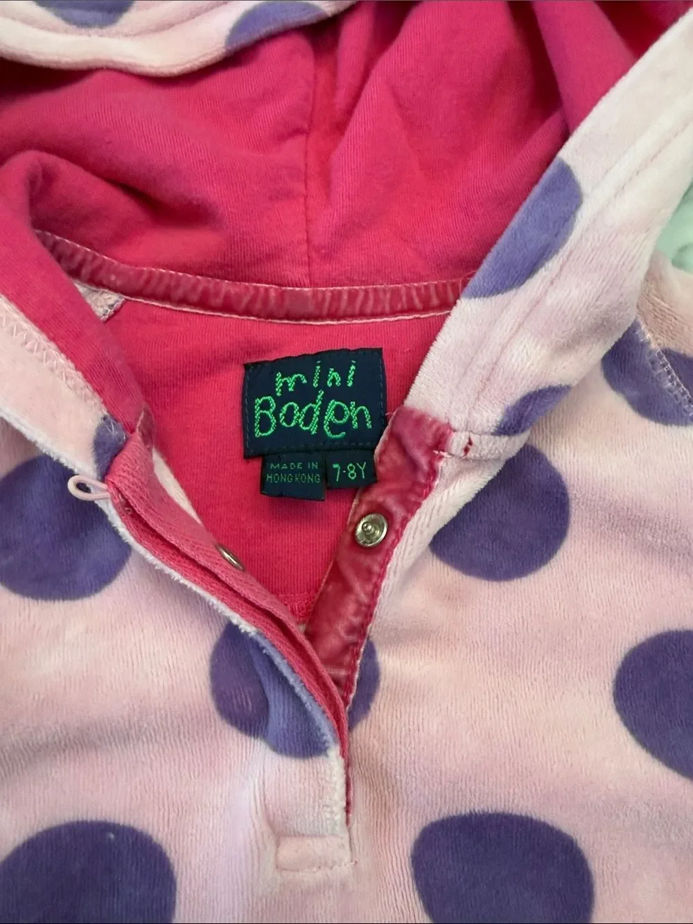 MINI BODEN Girls 7-8 Y Polka Dot Velour Hooded Tunic pink purple cover up Towel